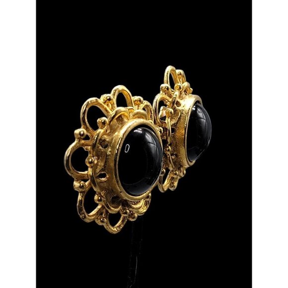 Runway Style Clip-On Earrings Gold Black Stone Center - Picture 7 of 14
